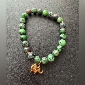 Ruby Zoisite Beaded Stretch Bracelet w/ Gold Elephant Charm